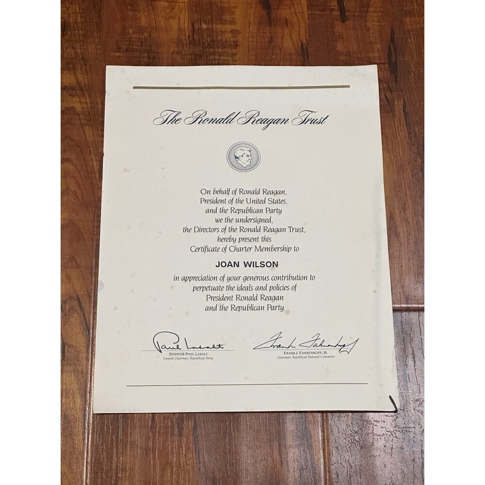 Vintage The Ronald Reagan Trust Republican Party Charter Membership Certificate